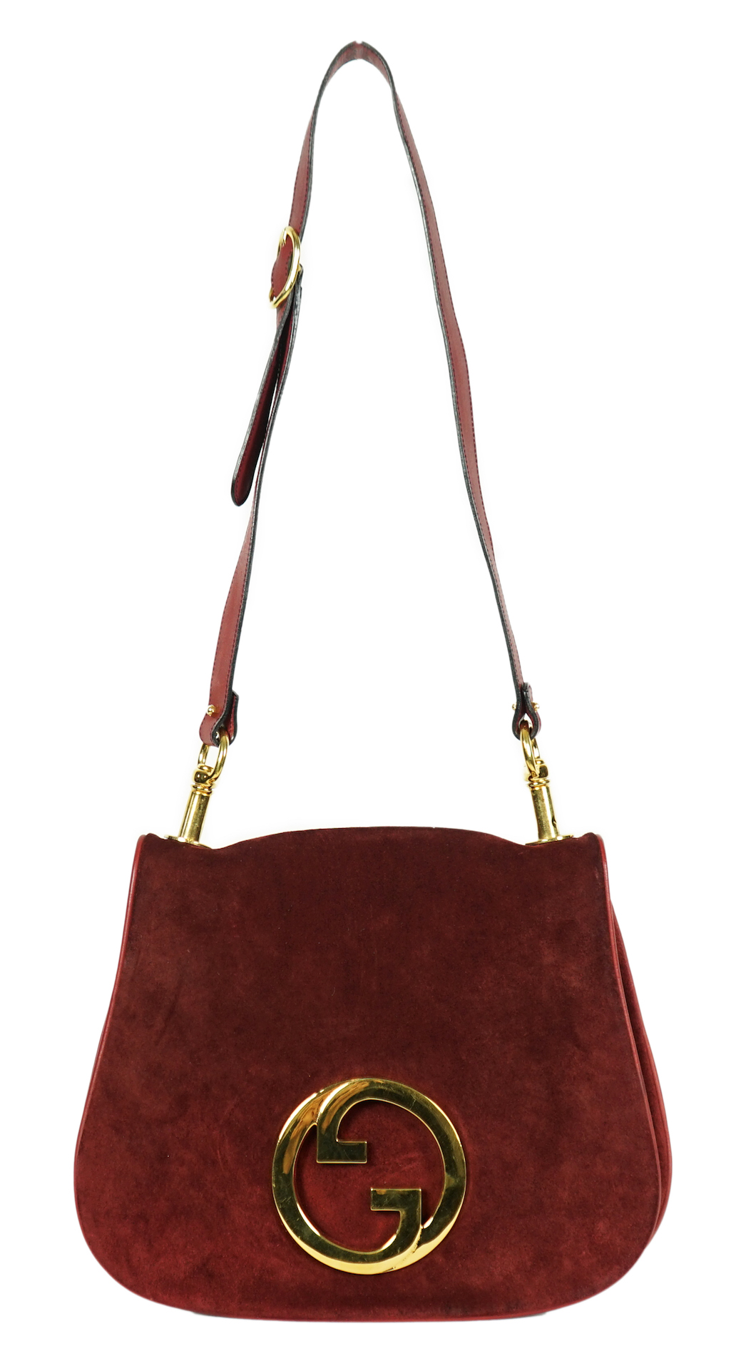 A vintage Gucci Blondie claret suede shoulder bag, width 29.5cm, max height 25cm, overall height 63cm to top buckle hole